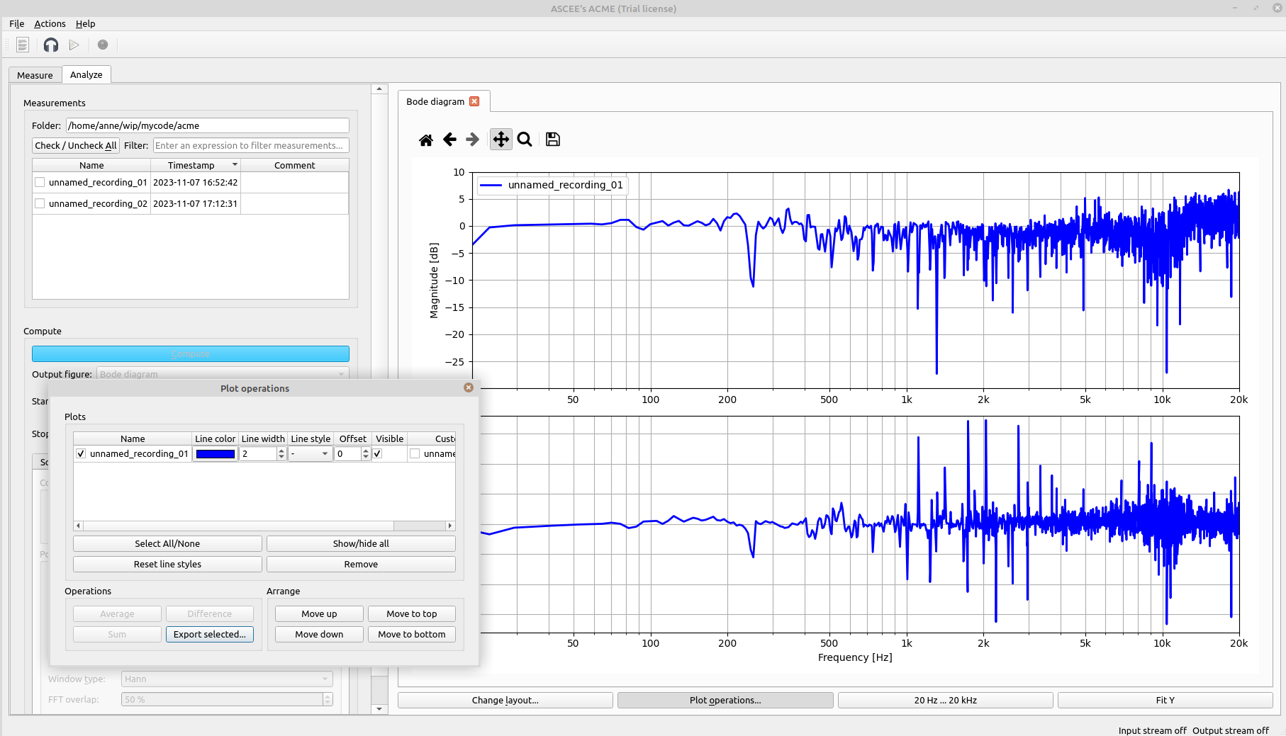 Screenshot of ACME software, showing the measurement processing tab